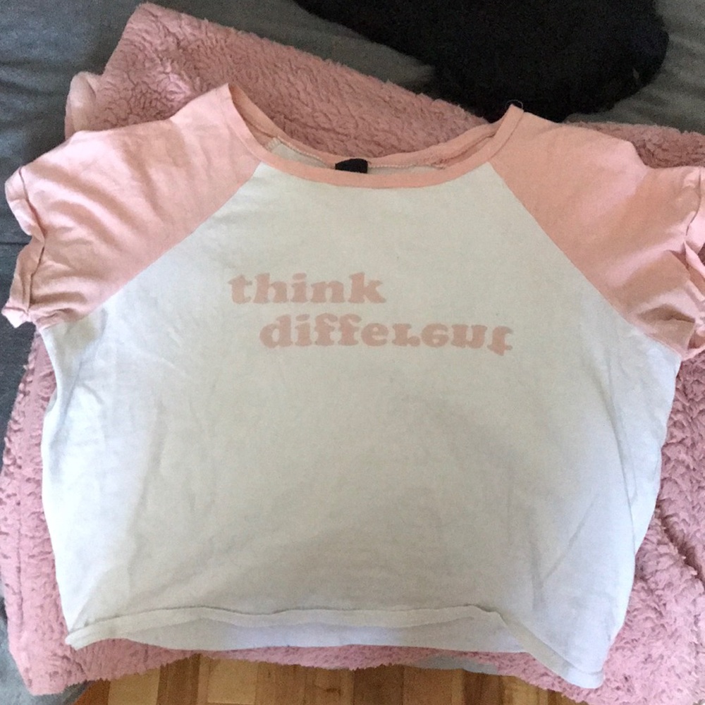 Pink and white ("think different") crop top